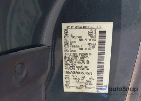 2004 Nissan Titan Xe from USA, damaged, VIN 1N6AA06B04N537578